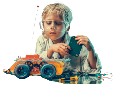 image of a child's wearing safety glasses and playing with a remote control car