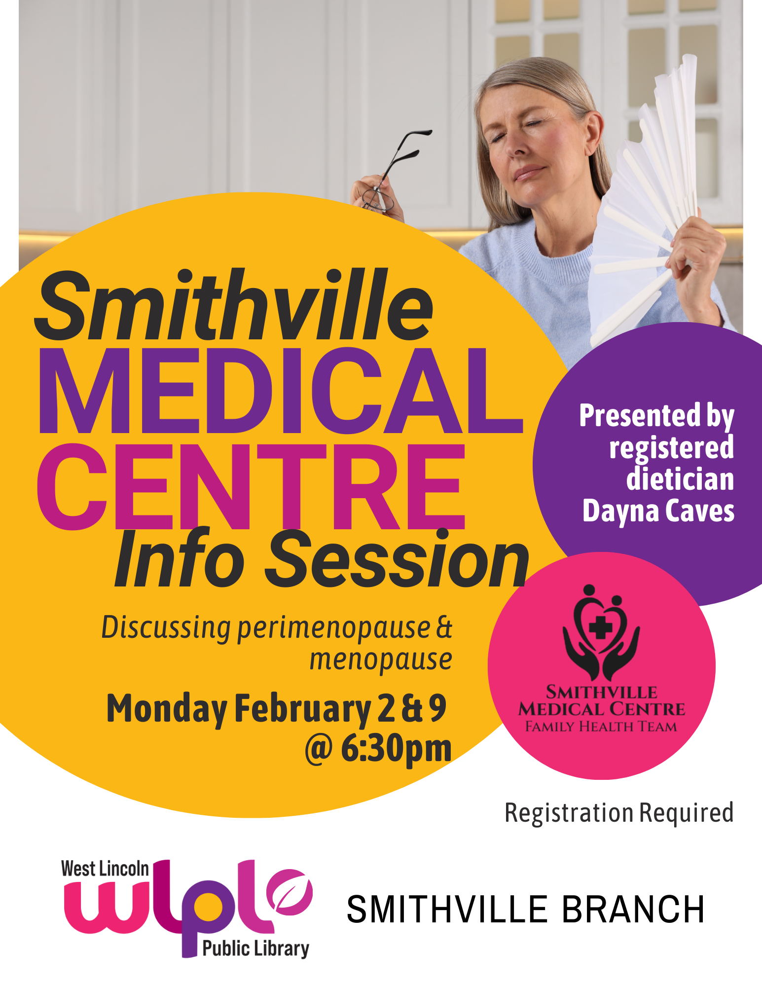 Poster for Smithville Medical Centre Info Session. Presented by registered dietician Dayna Caves. Discussing perimenopause and menopause. Monday February 2 and 9 at 6:30pm. Registration required. Smithville branch.
