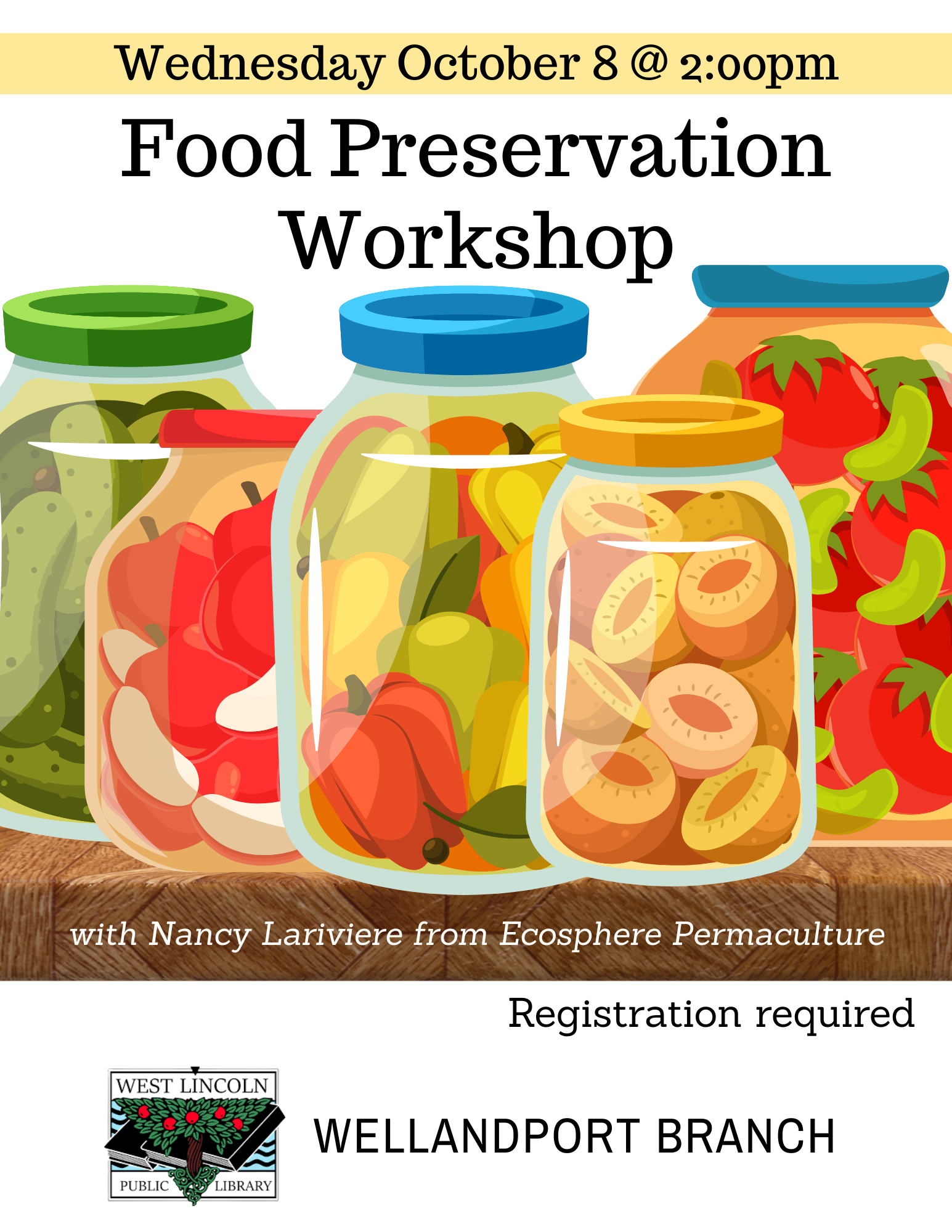 Poster for Food Preservation Workshop with Nancy Lariviere from Ecosphere Permaculture. Wednesday, October 8 at 2:00pm. Registration required. Wellandport branch.