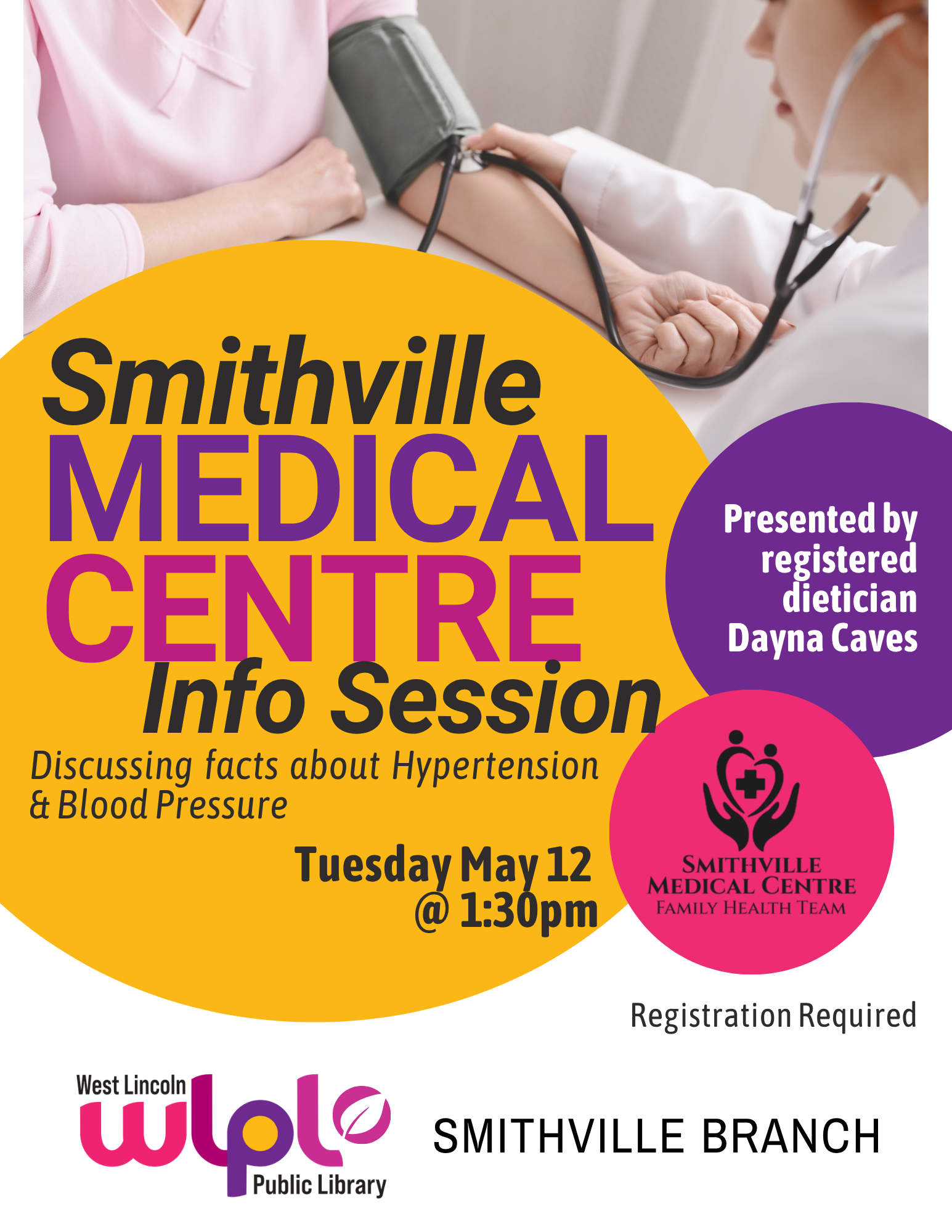 Poster for Smithville Medical Centre Info Session. Presented by Registered Dietician Dayna Caves. Smithville Medical Centre Family Health Team. Discussing facts about hypertension and blood pressure. Tuesday May 12 at 1:30pm. Registration required. Smithville Branch.