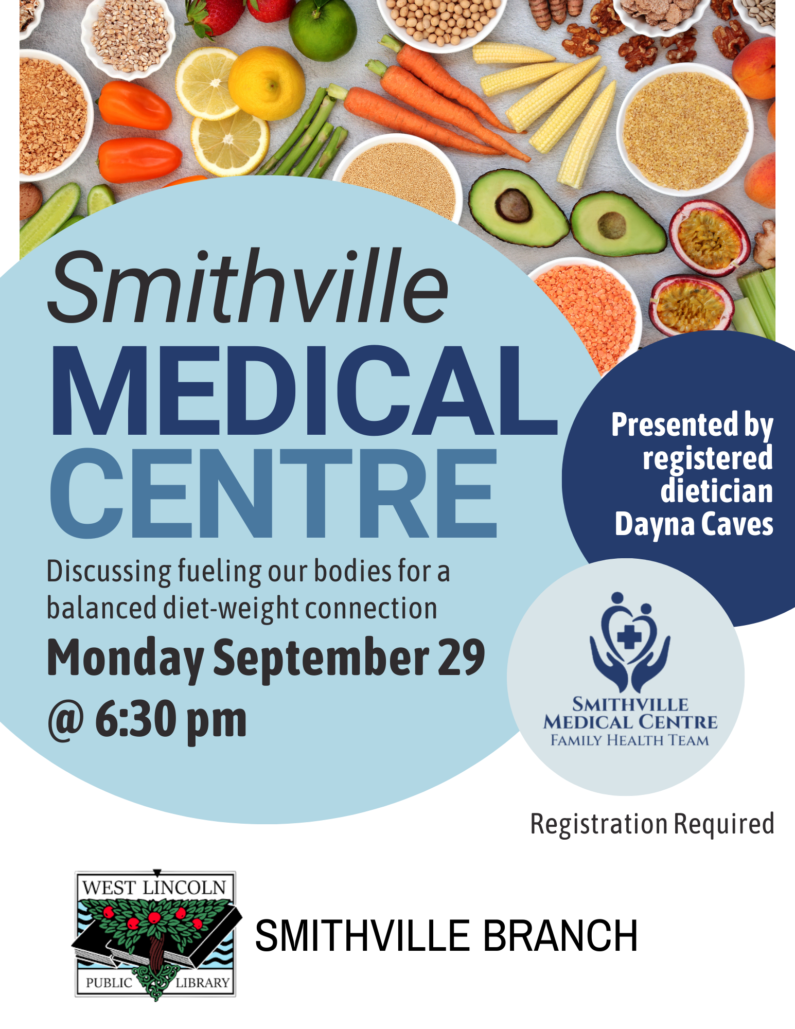 Poster for Smithville Medical Centre - Discussing fueling our bodies for a balanced diet-weight connection, Monday September 29 at 6:30pm. Presented by registered dietician Dayna Caves. Registration required. Smithville branch.